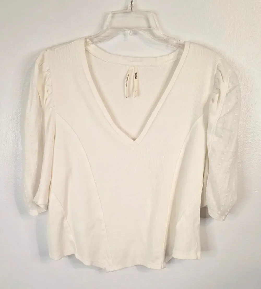 Anthropologie Puff Sleeve Structured V Neck Top Ivory Women XL Boho Cottagecore